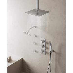 Thermostatic Valve 8-Spray 12 in. and 6 in. Ceiling Mount Dual Shower Head and Handheld Shower 2.5 GPM in Brushed Nickel