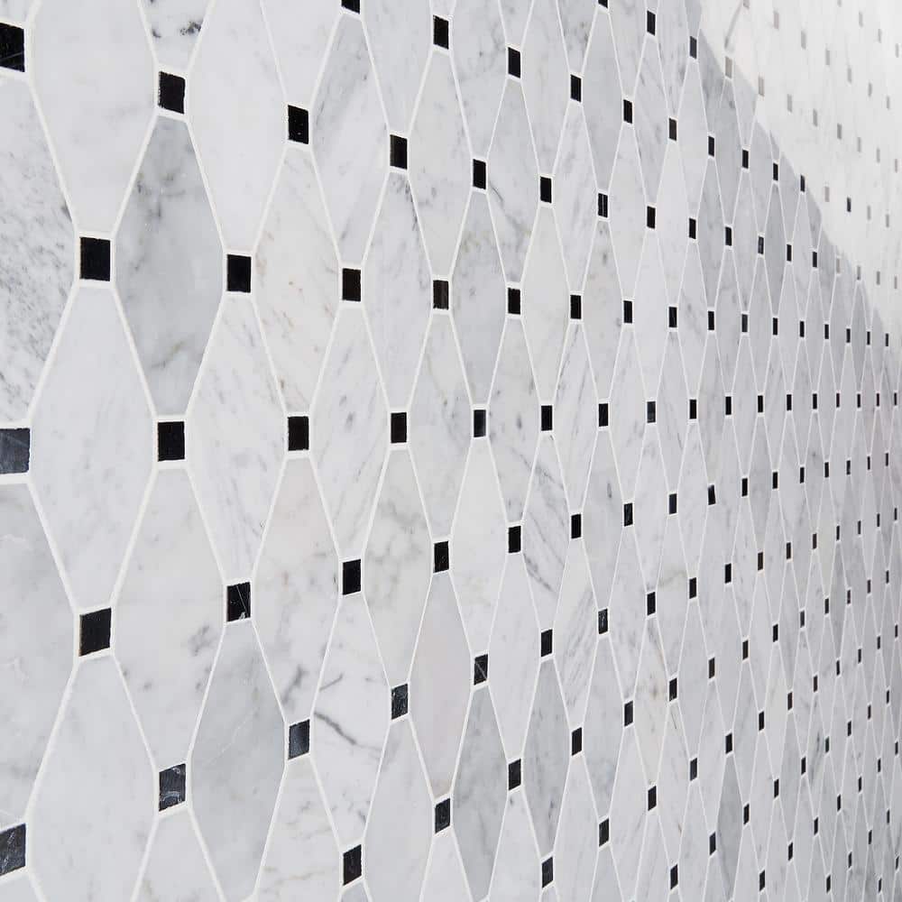 White Carrera Marble Octagon and Dot Mosaic Tile