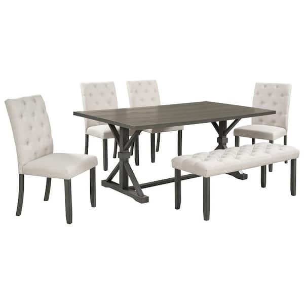 Polibi 6-Piece Farmhouse Gray Wood Top Dining Room Set Seats 5