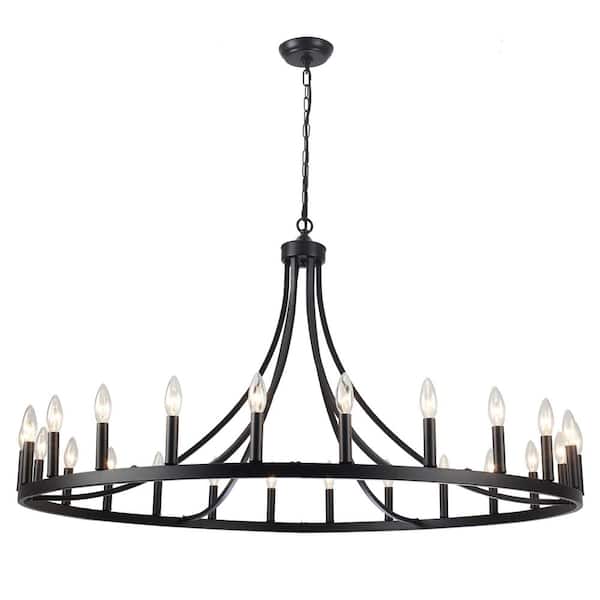 47 in. 24-Light Black Modern Farmhouse Wagon Wheel Chandelier Round Iron Hanging Light Fixture for Kitchen Island Foyer