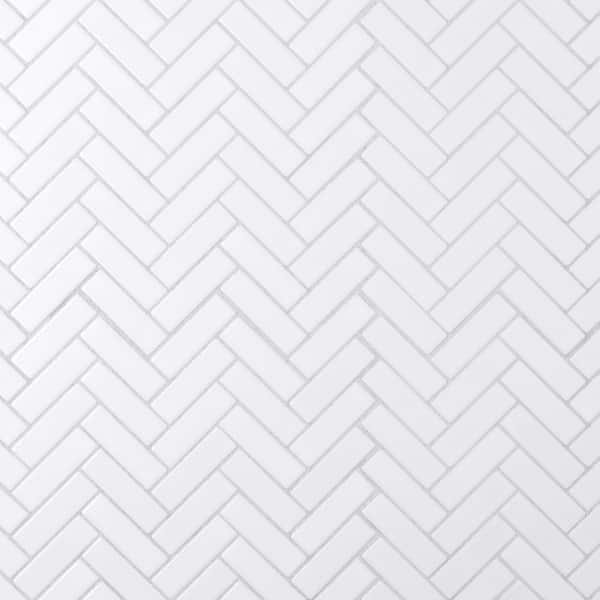 Merola Tile Metro Brick Herringbone Glossy White 10-5/8 in. x 12-1/2 in. Porcelain Mosaic Tile (9.4 sq. ft./Case)