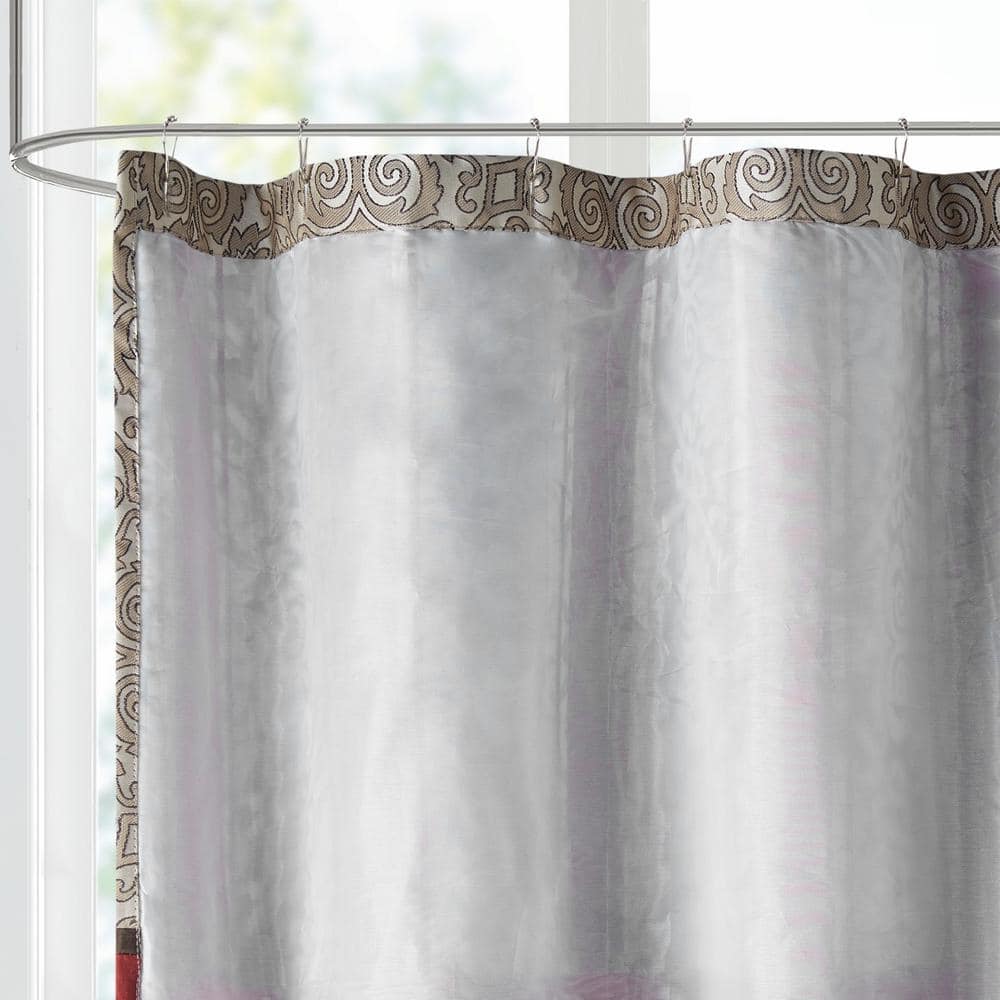 Beige and Red Embroidered Floral Shower Curtain