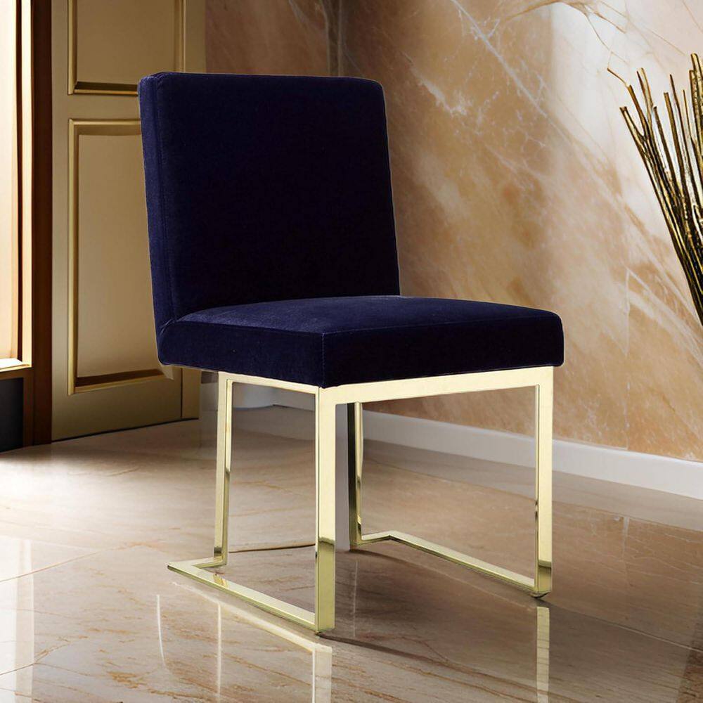 Gold/Navy Blue Velvet Upholstered Metal Frame Dining Chair, Set of 2, Sturdy Dining Chair for Dining Rooms