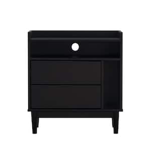2-Drawer Black Solid Wood Mid-Century Modern Nightstand with Tray Top (25.5 in. H x 25 in. W x 16 in. D)