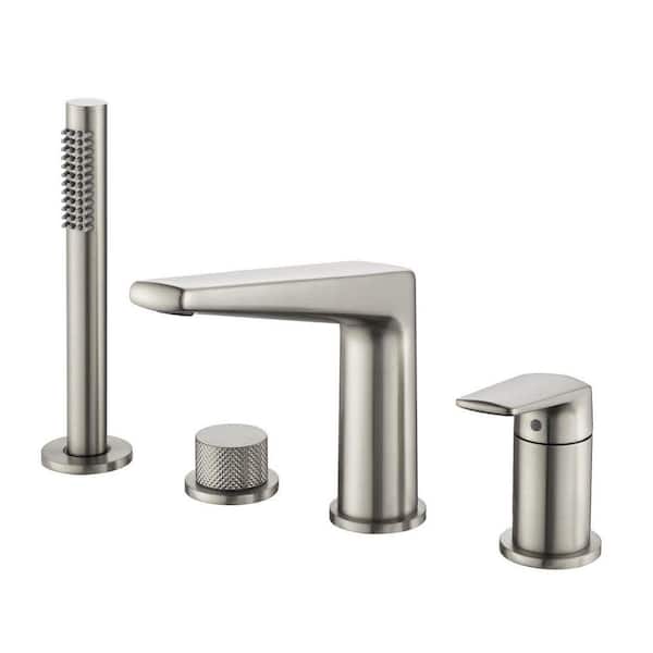 Single-Handle Brass Tub-Mount Roman Tub Faucet with SS Hand Shower, 4 Hole Bathtub Shower Faucet in Brushed Nickel