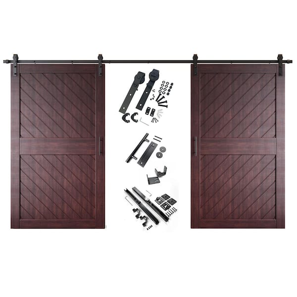 HOMACER XT2 50 in. x 84 in. C-Panel Red Mahogany Slanted Stripe Design Double Pine Wood Sliding Barn Door with Hardware Kit