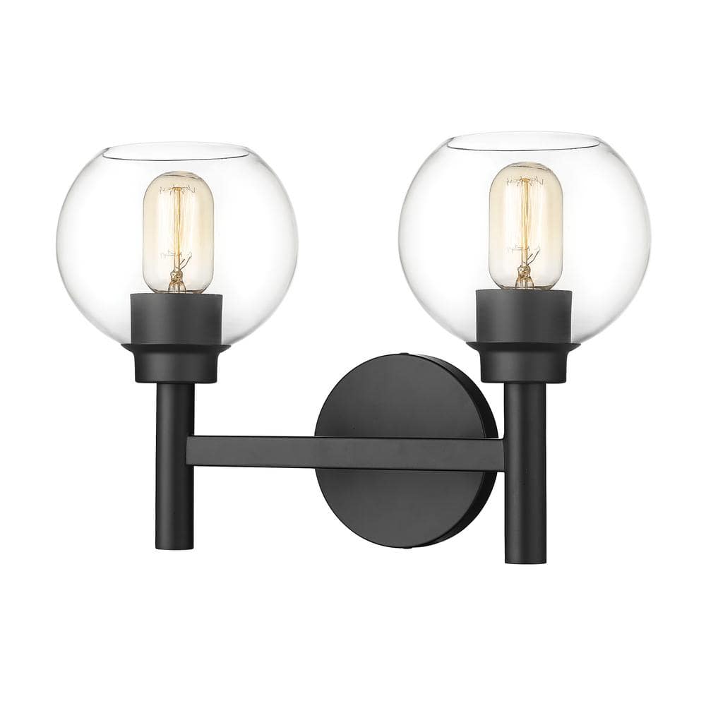 Sutton 15.75 in. 2-Light Matte Black Vanity-Light with Glass Shade