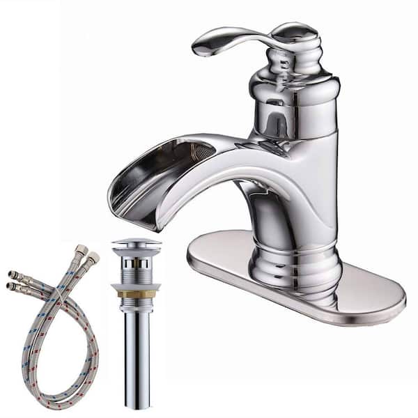 Unbranded Single Handle Single Hole Bathroom Faucet with Drain Assembly Waterfall Brass Bathroom Basin Taps in Polished Chrome
