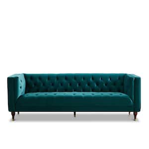 Hector 87 in W Square Arm Luxury Modern Chesterfield Velvet Sofa in Teal Green (Seats 3)