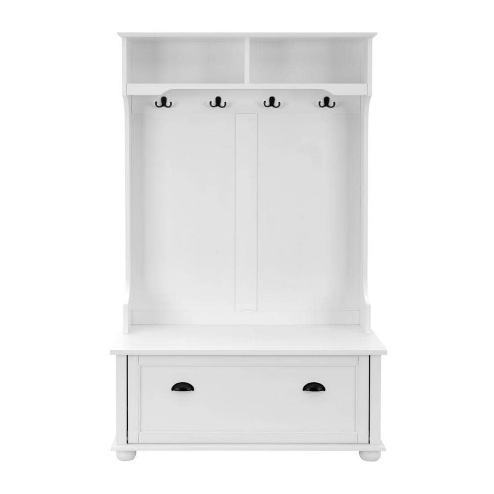 White Hall Tree Entryway Bench with Open Shelves, Shoe Cabinets and Solid Wood Feet