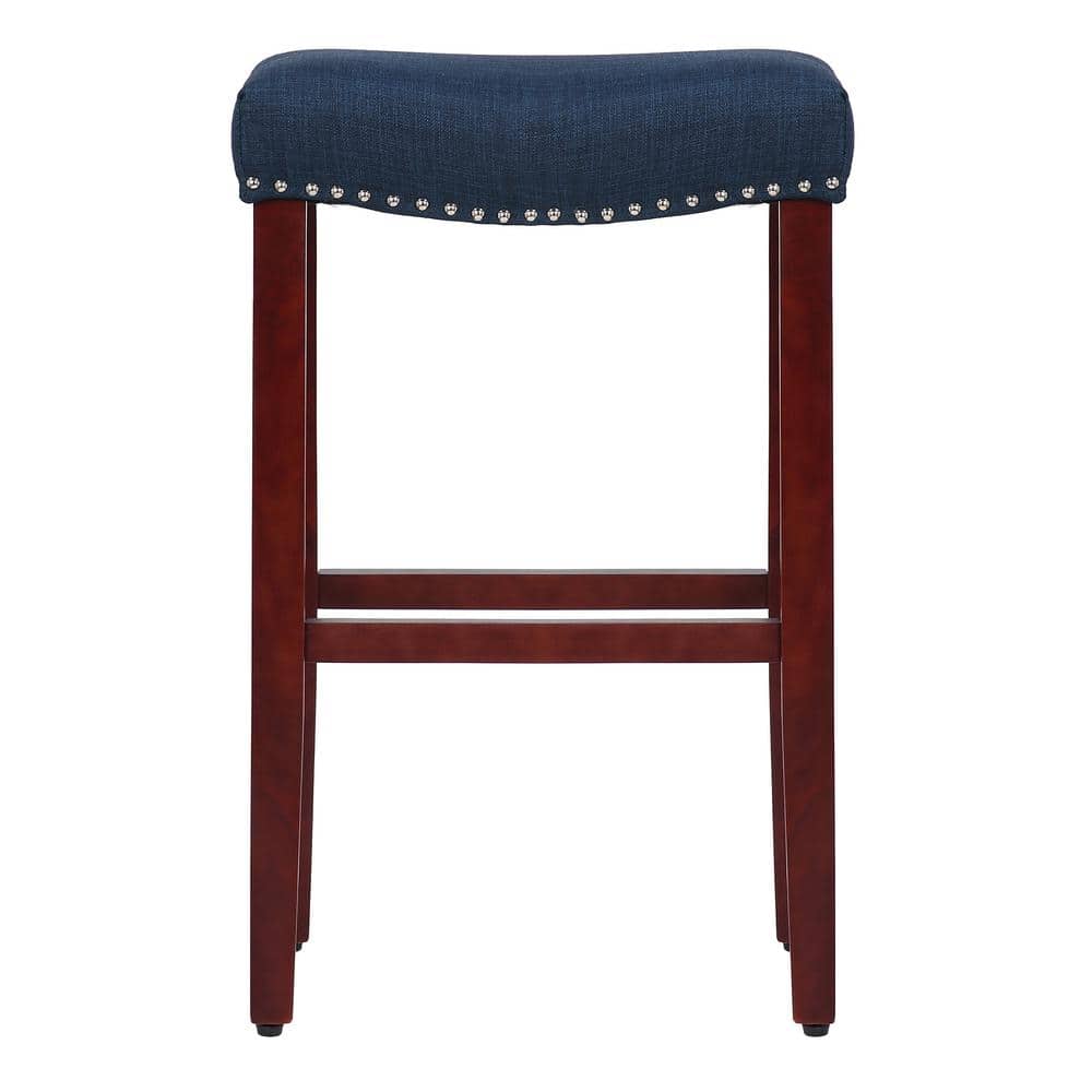 29" Cherry Wood Navy Blue Upholstered Saddle Seat Bar Stools, Set of 2
