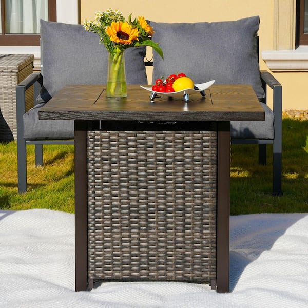 AURA OUTDOOR 28 in. 50,000 BTU Gray Square Wicker Outdoor Fire Pit Table with Waterproof Cover and Fire Glass Beads