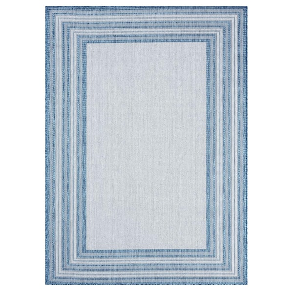Nicole Miller Patio Country Layla Blue/Ivory 5 ft. x 7 ft. Modern Border Indoor/Outdoor Area Rug