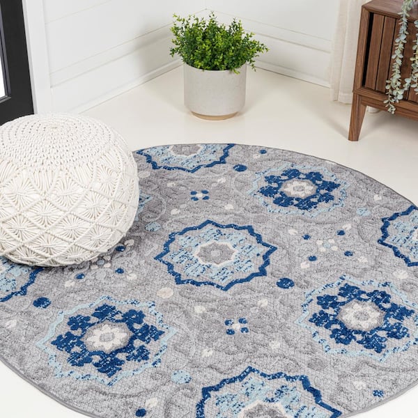 JONATHAN Y Mediterranean Medallion Blue/Gray 5 ft. Round Indoor/Outdoor Area Rug