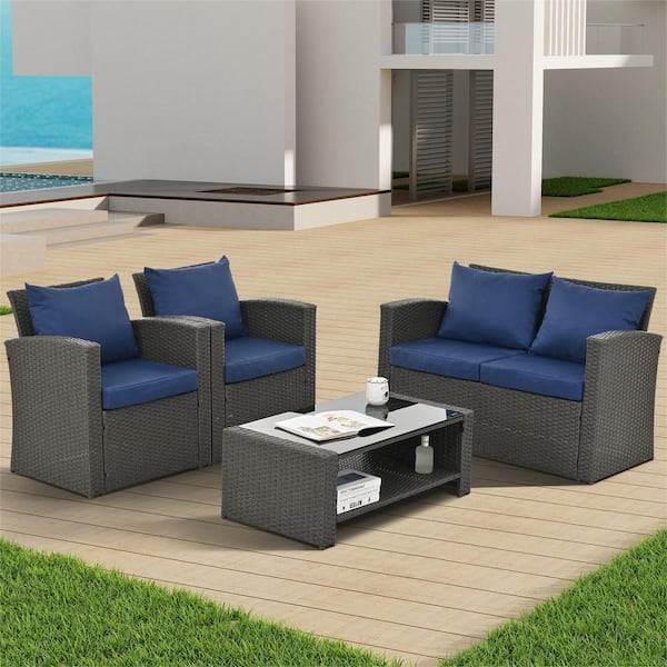 Unbranded 4-Piece Wicker Patio Conversation Set with Blue Cushions for Outdoor Garden Lawn