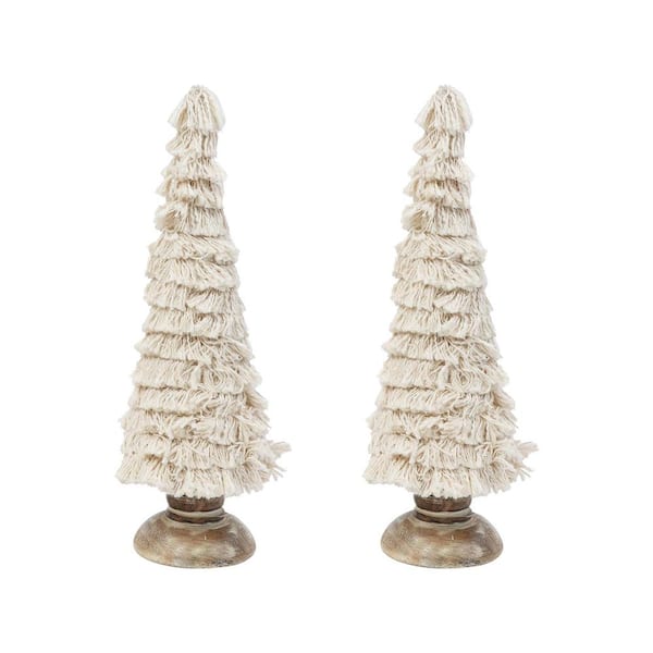 A & B Home Fringes Embellished Cones with Wooden Base - Small - Set of 2 - Cream