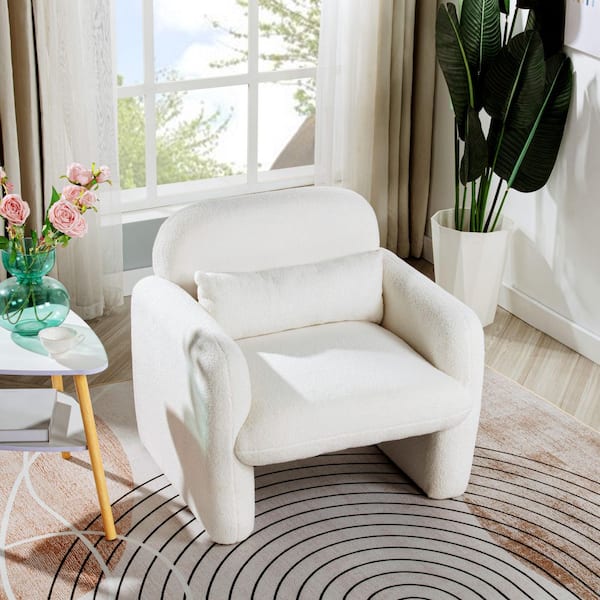 27.95in. Minimalist Teddy Fleece Armchair w/ Pillow and Arms- Cozy Accent Chair for Living Room, Bedroom and Study Beige