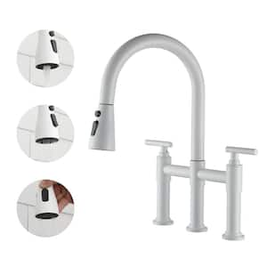 Double Handle Bridge Kitchen Faucet with 3-Function Pull-Down Spray Head and 360 Swivel Spout in Matte Black