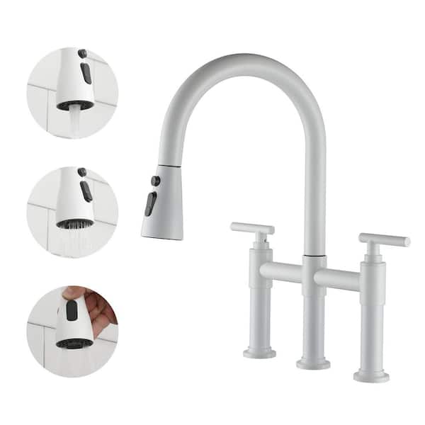 CASAINC Double Handle Bridge Kitchen Faucet with 3-Function Pull-Down Spray Head and 360 Swivel Spout in Matte Black