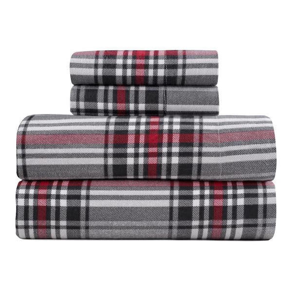 Kathy Ireland 4-Piece Crimson Check 100% Turkish Cotton Flannel King Sheet Set