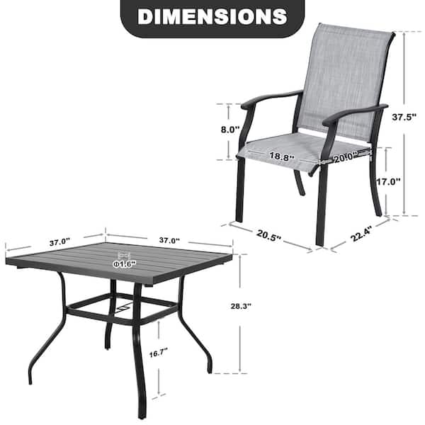 Black 5-Piece Textilene Metal Square Outdoor Dining Set with Umbrella Hole, Slatted Tabletop and Powder-Coated Frame