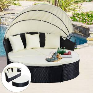 Rattan Round Retractable Outdoor Patio Canopy Daybed with Beige Cushion