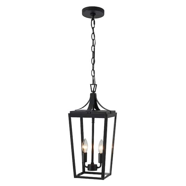 KAWOTI 19.5 in. 2-Light Sandy Black Hardwired Outdoor Lantern Pendant Light with Clear Glass