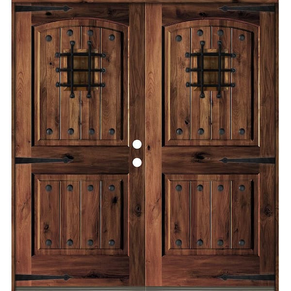 64 in. x 96 in. Mediterranean Knotty Alder Arch Top with Red Mahogony Stain Left-Hand Wood Double Prehung Front Door