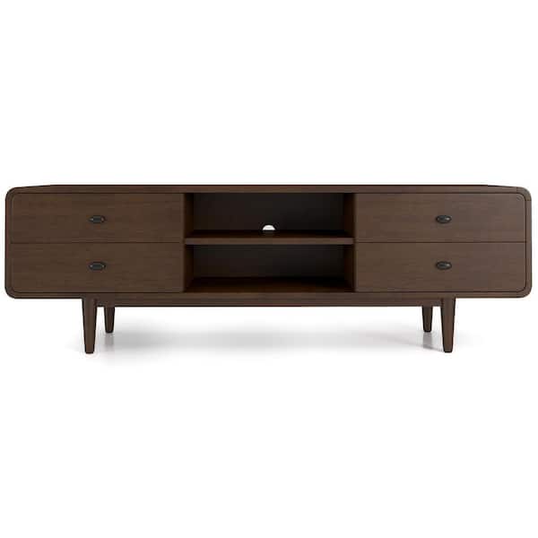 Ashcroft Furniture Co Stafford 71 in. Mid-Century Modern Solid Wood Brown Tv Stand with 4-Drawer Fits TV's up to 71