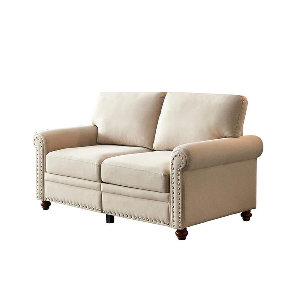 59.45 in. Beige Polyester 2-Seater Loveseats with Nails Solid Wood Leg ...