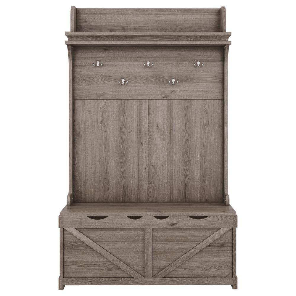 Brown Oak Hall Tree with Flip Top Storage Bench and 5 Hanging Hooks Entryway Bench Wooden Coat Rack with Display Shelf