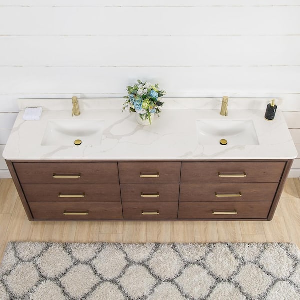 84 Inch Antique Brown Double Sink Bathroom Vanity with Marble