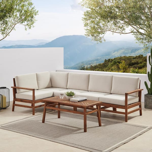 Walker Edison Furniture Company Dark Brown 6-Piece Acacia Modern Patio Corner Sectional Seating Conversation Set with Ivory Cushions
