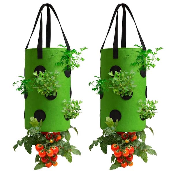 8.7 x 15 in. Upside Down Tomato and Herb Planter Bags with Side Pockets Green 2-Pack