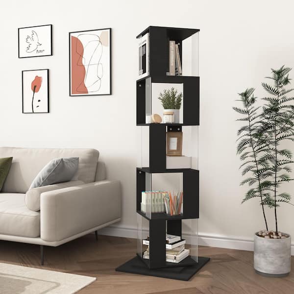 Black 63 in. Tall 5 Tier Rotating Floor Rack Bookcase with Acrylic Plate Bookshelf