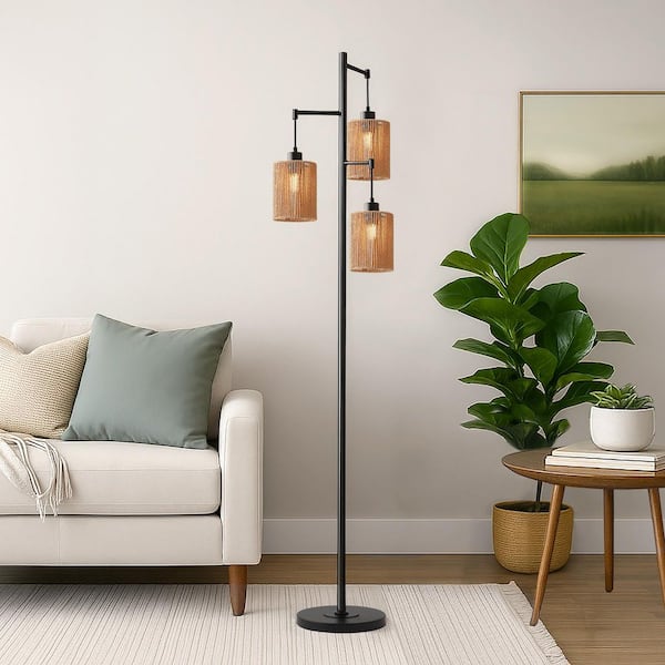 68.9 in. Black 3-Light Hand-Woven Rattan Tree Floor Lamp