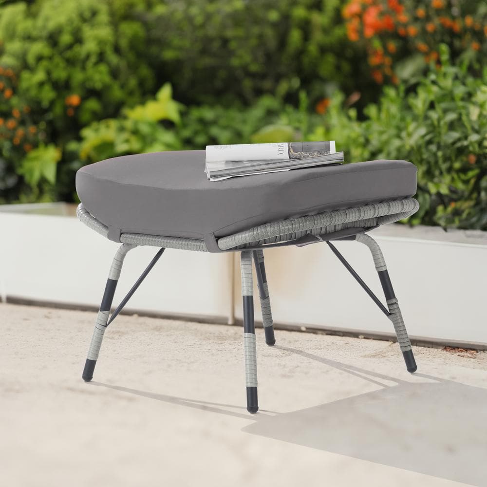 Gray Wicker All Weather Rattan Outdoor Ottoman with Removable Gray Cushions