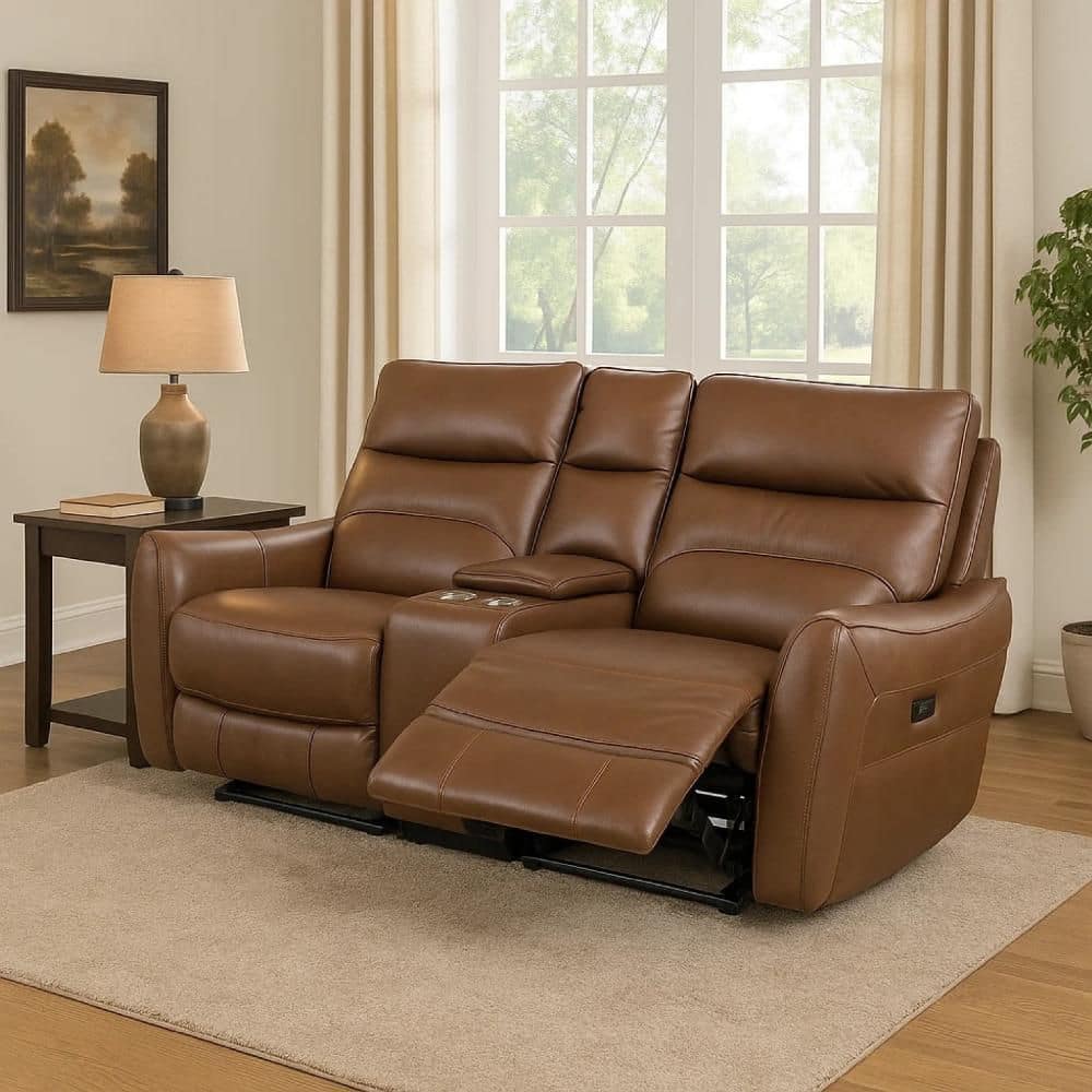 Benjara Teren 62.5 in. Solid Print Leather 2-Seater Power