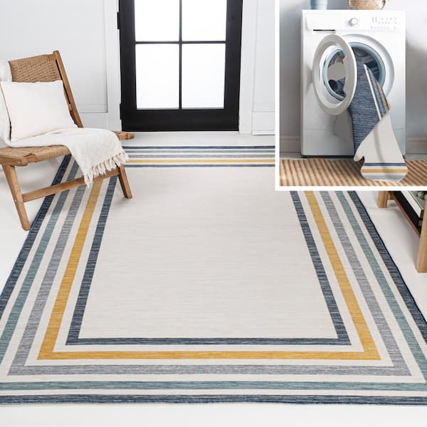 Pollux Classic Coastal Mitred Stripe Reversible Machine Washable Cream/Navy 3 ft. x 5 ft. Indoor/Outdoor Area Rug