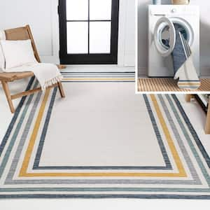 Pollux Classic Coastal Mitred Stripe Reversible Machine Washable Cream/Navy 8 ft. x 10 ft. Indoor/Outdoor Area Rug