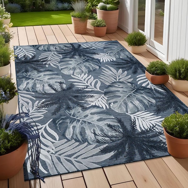 Jungle Navy 10 ft. x 14 ft. Washable Tropical Floral Indoor Outdoor Area Rug