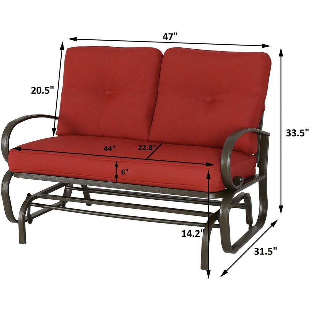 Measurement diagram of a red metal patio swing glider bench.