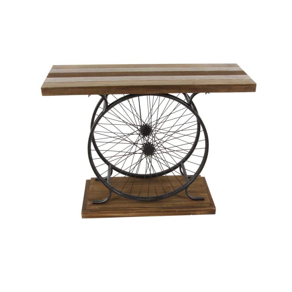Industrial Brown Wood and Metal Wheel Console Table with Storage