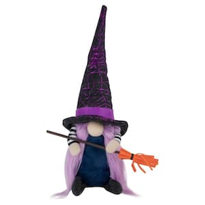 14 in. Black and Purple Witch Gnome with Broom Indoor Halloween Figure
