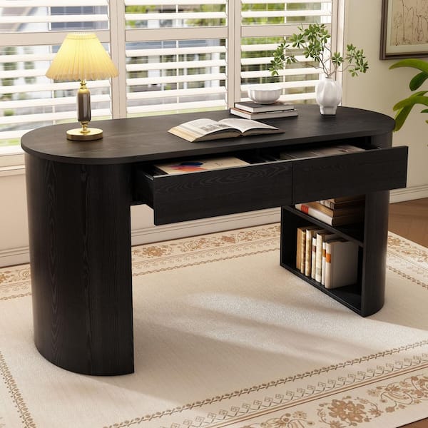 Arvellon Modern 60.3 in. Oval Black Wood Computer Desk Study Writing Desk with Drawers, Shelves