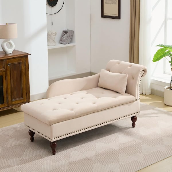 JEAREY Modern Button Tufted Rivets Velvet Upholstered Storage Chaise Lounge Chair with Solid Wood Legs and Lumbar Pillow, Beige