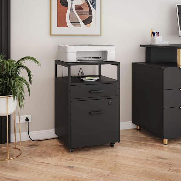 TECHNI MOBILI 2-Drawer Black Engineered Wood 15.75 in. W Lateral Rolling Locking File Cabinet