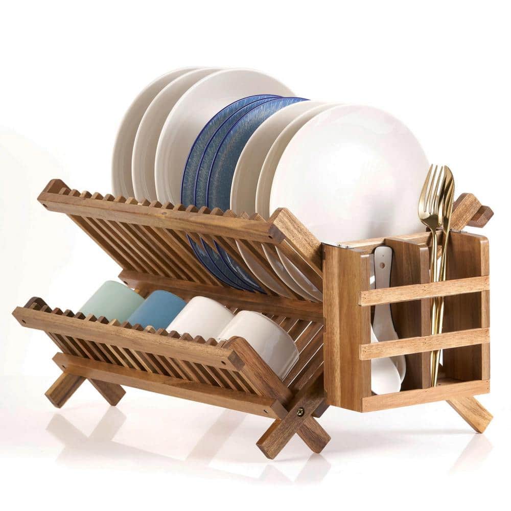 Foldable Acacia Wood 2-Tier Dish Rack with Utensil Holder
