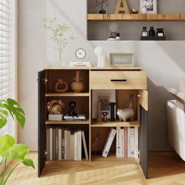 Light Oak and Black Wood 35.4 in. Sideboard with Soft-Close Hinges Anti-Tip Kit Smooth Glide Drawers