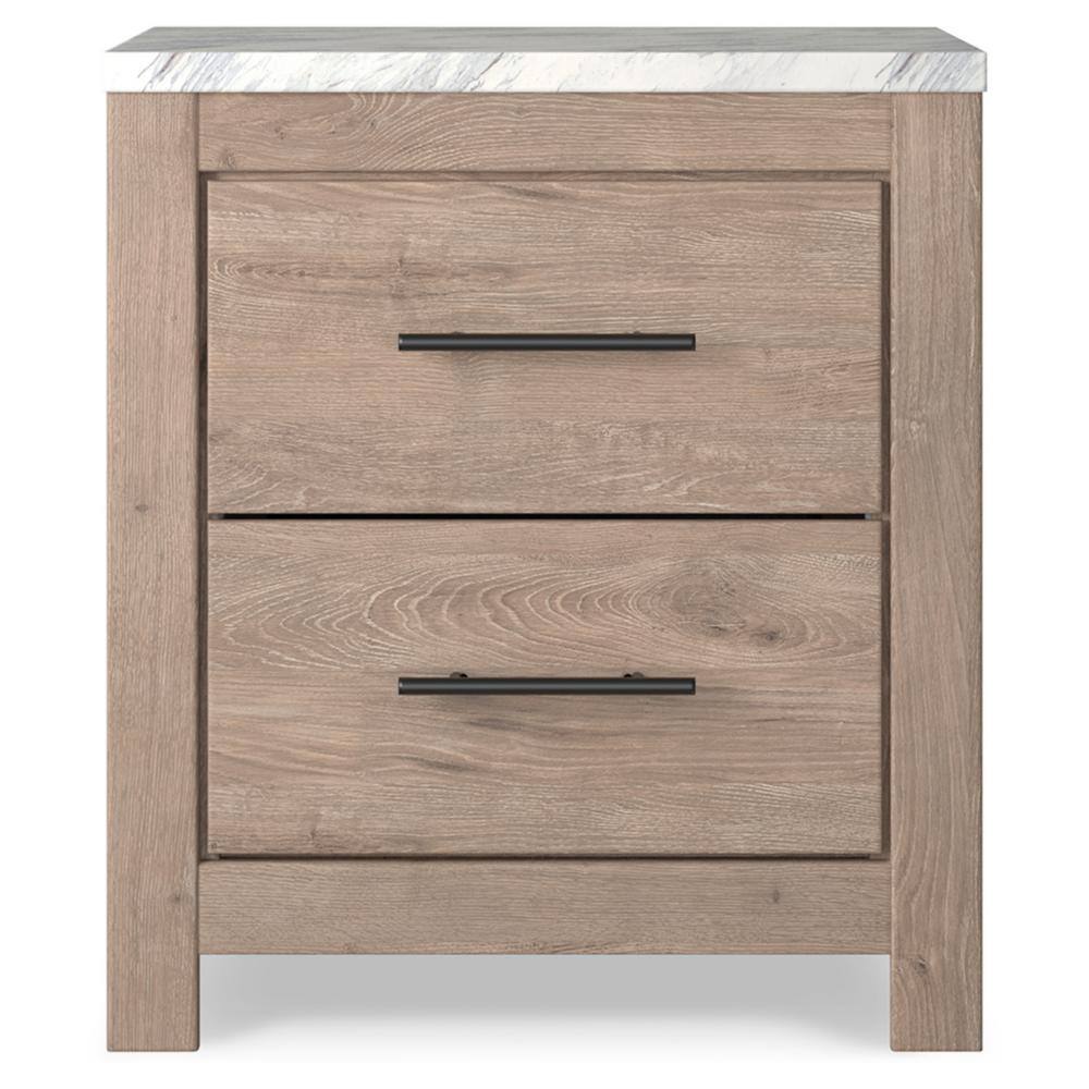 Light Brown and White Faux Marble Top 2-Drawer Nightstand